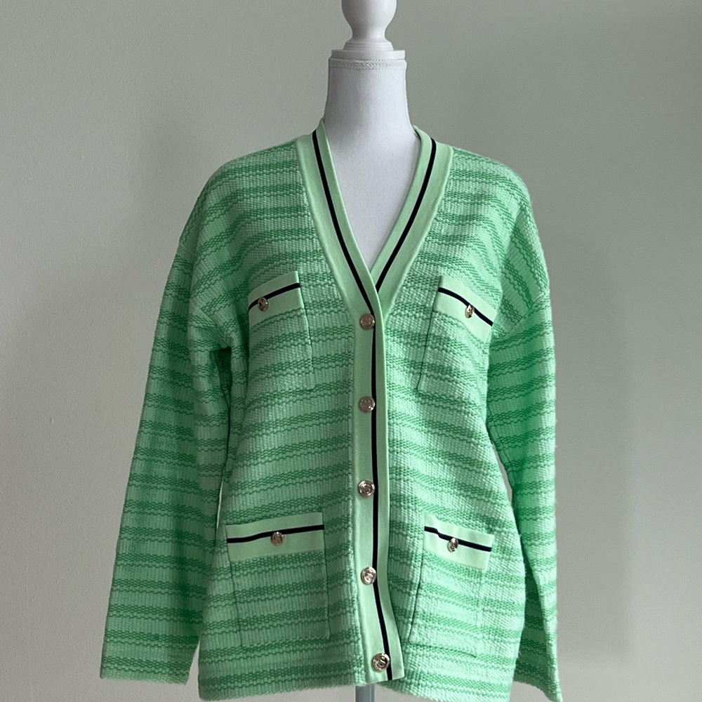 Sandro Green Cardigan with White Trim V-Neck